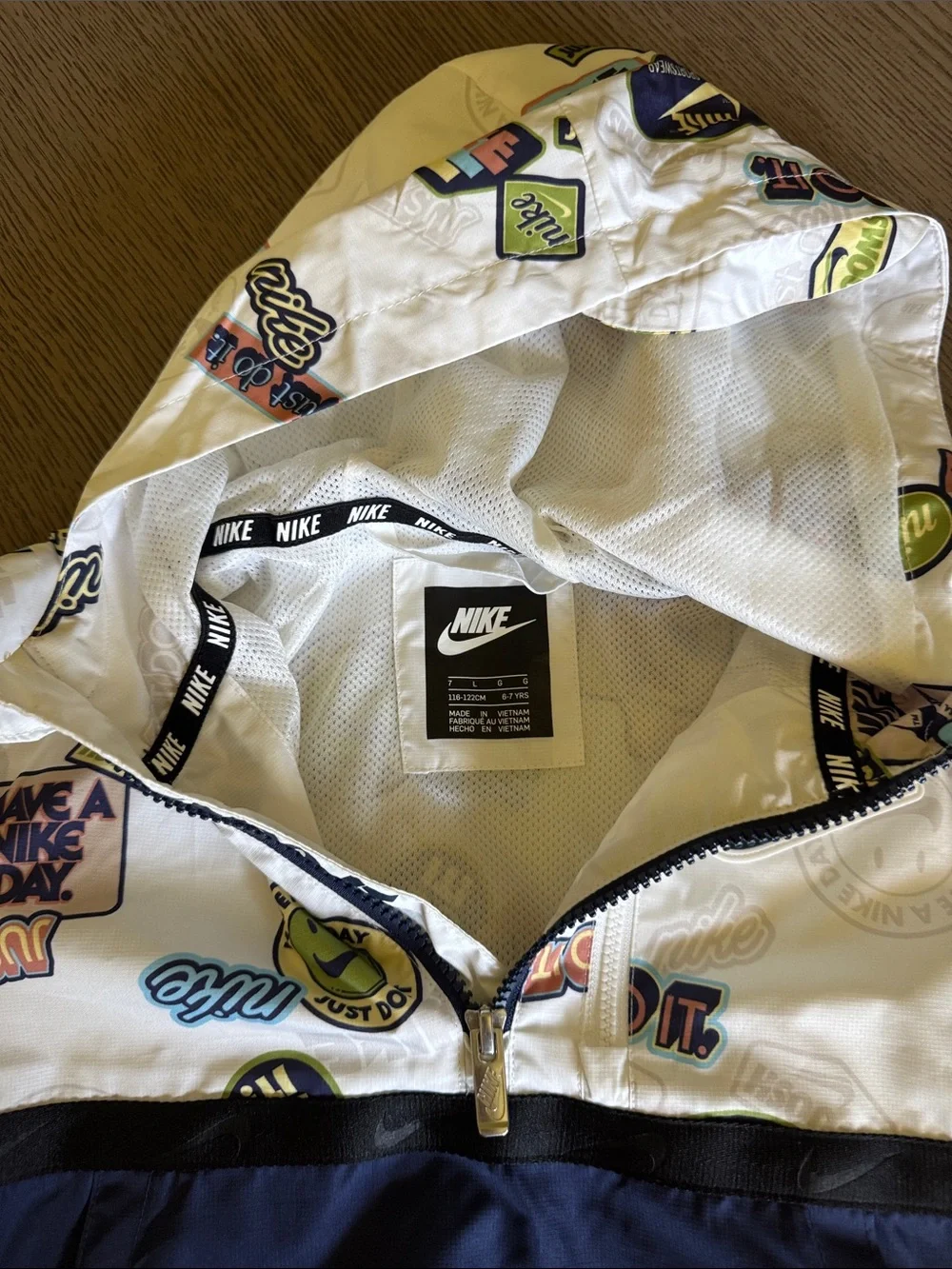 Nike Kids White Multi-Print and Navy Half-Zip Hooded Rain Jacket
